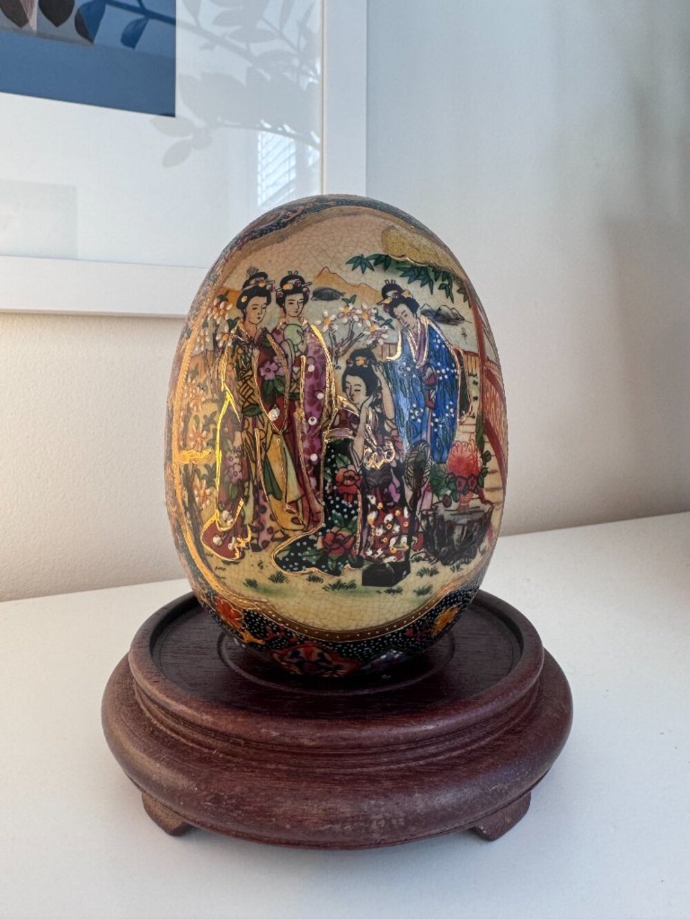 Vintage Satsuma Moriage Porcelain Decorative Egg with Wood Stand | 6.5"